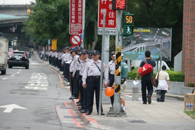 Police line the road in Taipei