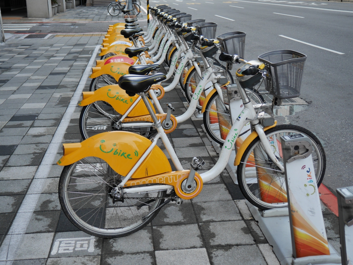 Line of YouBikes in their docking stations in Taipei